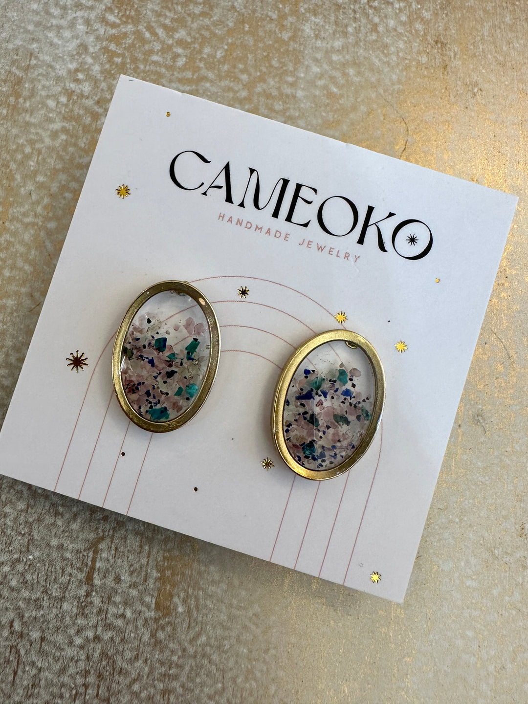 Oval Floating Post Earrings Mixed Gems