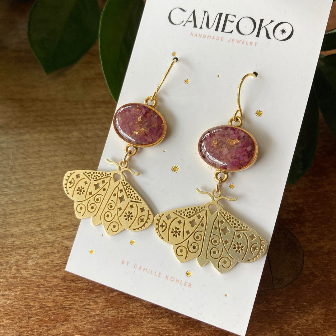 Moth Dangle Earrings Ruby + Gold Leaf