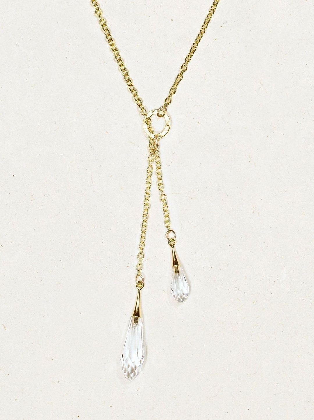 Rain Drop Lariat Necklace Clear + Gold