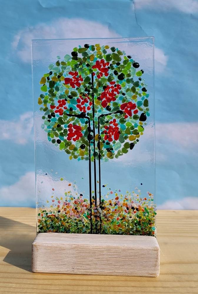 Summer Fruiting Tree Glass Panel + Oak Stand