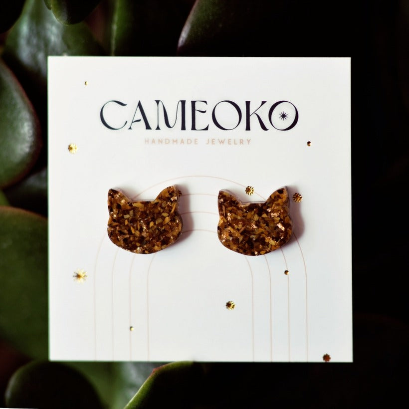 Cat Earrings Tigers Eye + Gold Leaf