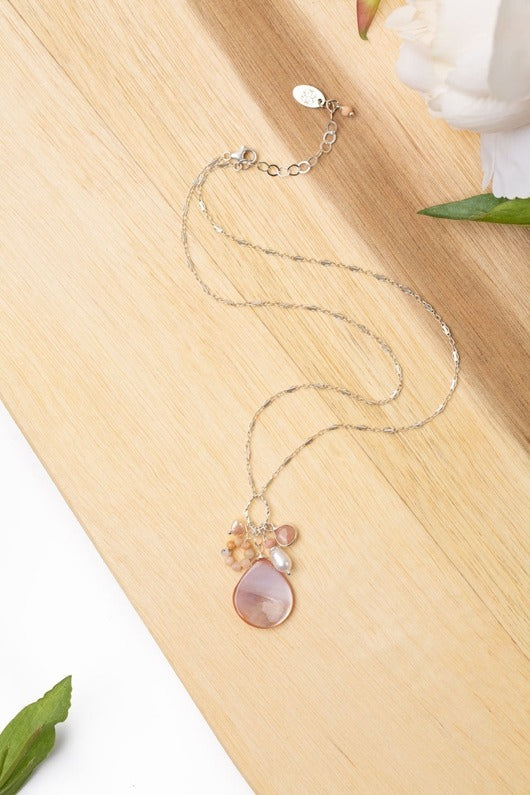 Embrace Cluster Necklace Freshwater Pearl, Peach Moonstone, Pink Opal + Abalone