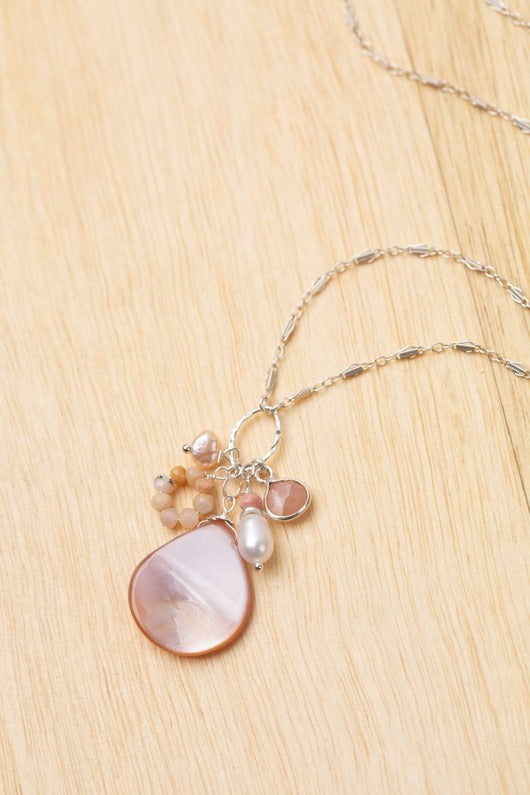 Embrace Cluster Necklace Freshwater Pearl, Peach Moonstone, Pink Opal + Abalone