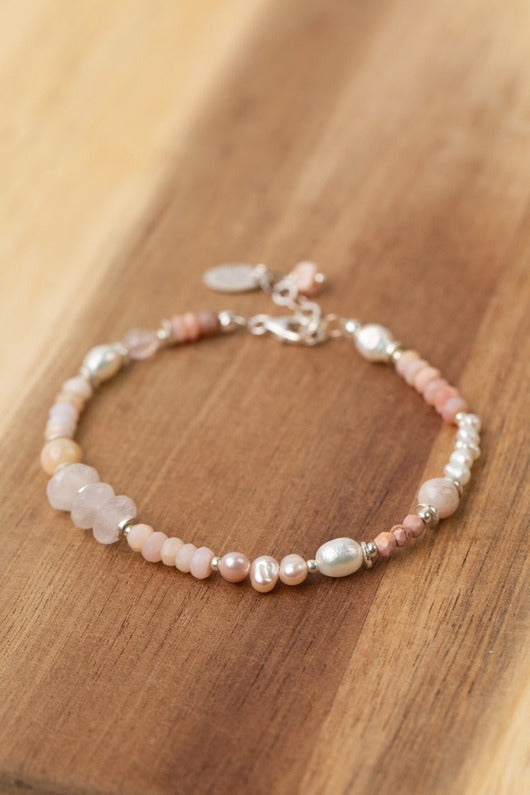 Embrace Bracelet Freshwater Pearl, Pink Opal + Rose Quartz