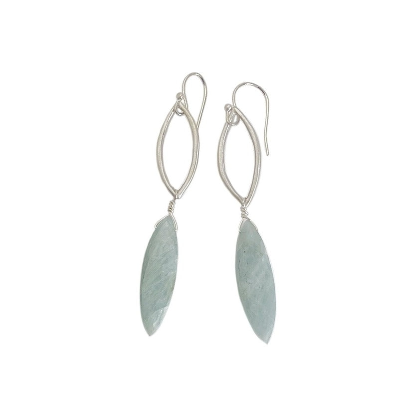 Leaf Long Aquamarine Earrings Silver
