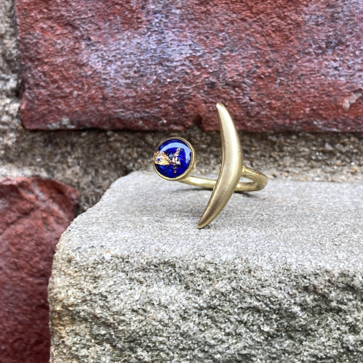 Slender Moon Brass Ring Lapis + Gold Leaf