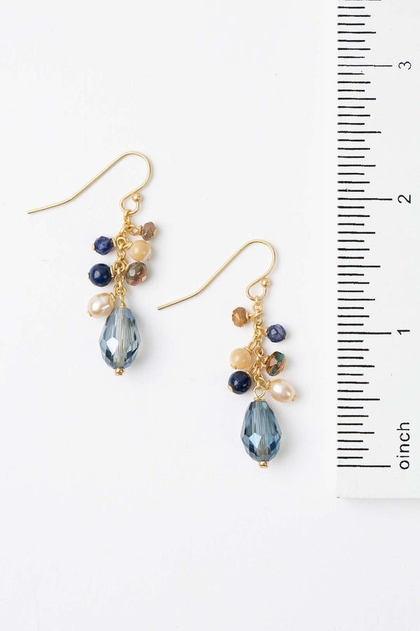 Starry Night Dangle Earrings Mother of Pearl, Blue Crystal + Lapis