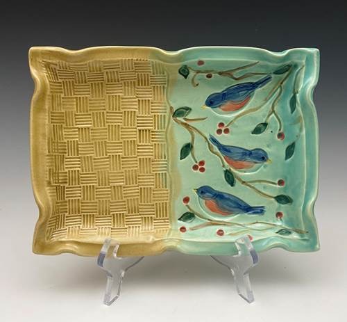 Wavy Bird + Basketweave Tray Large Light Turquoise Old Gold